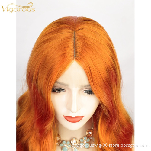 Vigorous Orange High Temperature Fiber Middle Deep Wave Hair Wigs Synthetic Lace Front Wig For Women Middle Part